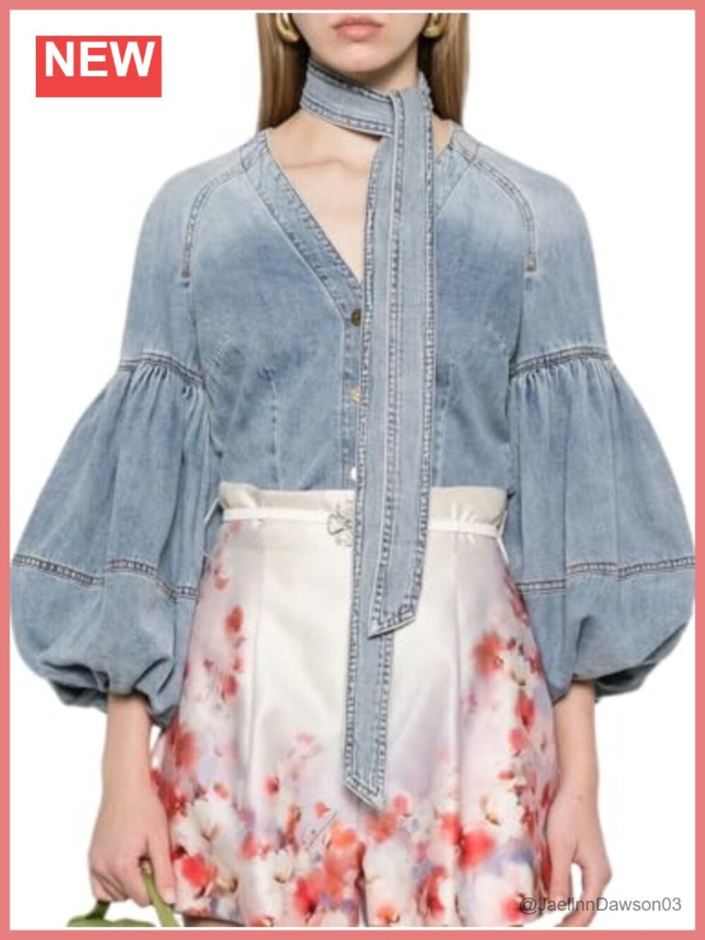 Womens Denim Shirt Tie V Neck Puff Sleeve Button Down Blouse